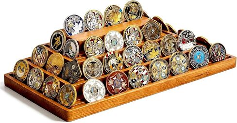 Challenge Coin Display, 4 Tier Double Groove Coin Holder Holds 60-80 Coins, Wooden Military Display Stand, Coin Collection Holders for Collectors, Army Coins Rack Displays Case for Desk Office in Kuwait