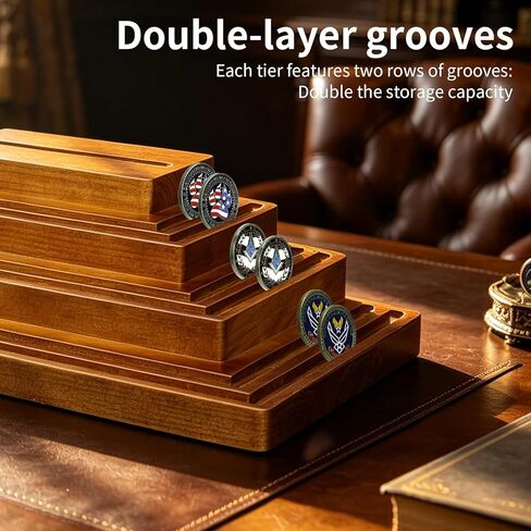 Challenge Coin Display, 4 Tier Double Groove Coin Holder Holds 60-80 Coins, Wooden Military Display Stand, Coin Collection Holders for Collectors, Army Coins Rack Displays Case for Desk Office in Kuwait