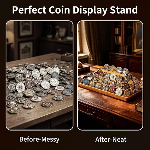 Challenge Coin Display, 4 Tier Double Groove Coin Holder Holds 60-80 Coins, Wooden Military Display Stand, Coin Collection Holders for Collectors, Army Coins Rack Displays Case for Desk Office in Kuwait
