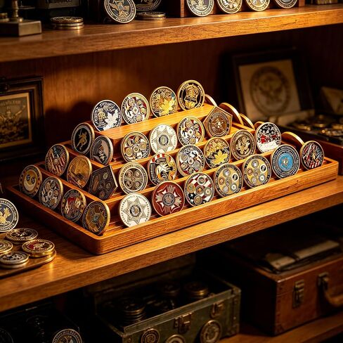 Challenge Coin Display, 4 Tier Double Groove Coin Holder Holds 60-80 Coins, Wooden Military Display Stand, Coin Collection Holders for Collectors, Army Coins Rack Displays Case for Desk Office in Kuwait