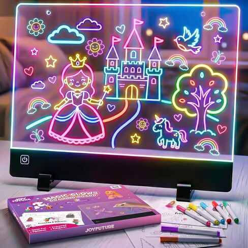 Rechargeable LED Drawing Board, 10" Glow Doodle Pad for Girl, 4 Modes Neon Light Up Drawing Tablet, with 7 Pens, 10 Tracing Sheets, Princess Art Craft Set, Ideal Gift for Girls 3 4 5 6 7 8 Year Old in Kuwait