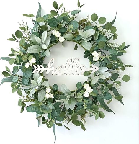 TOKCARE 22 Inch Eucalyptus Wreath with Hello Sign, Spring Summer Wreaths for Front Door Green Winter Wreaths for Front Door Windows,Porch,Fireplace,Indoors and Outdoor Home Decoration in Saudi Arabia