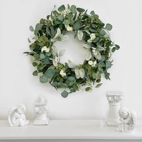TOKCARE 22 Inch Eucalyptus Wreath with Hello Sign, Spring Summer Wreaths for Front Door Green Winter Wreaths for Front Door Windows,Porch,Fireplace,Indoors and Outdoor Home Decoration in Saudi Arabia
