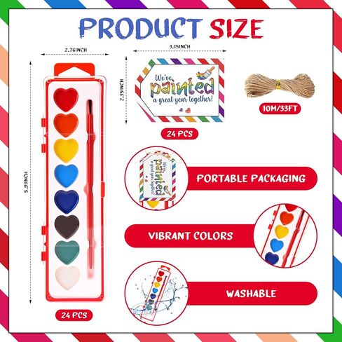 Poola Voidra 24 Pack End of The Year Gift for Student Watercolor Paint Sets 8 Heart Shape Washable Water Color Paints with Card and Rope for Graduation Party Exchange Gift Classroom Awards in Kuwait