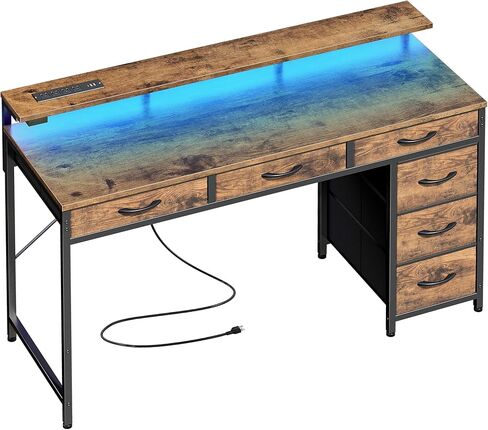 Huuger Gaming Desk with 6 Drawers, Computer Desk with LED Lights Power Outlets and Type-C, 47 Inch Office Desk with Storage, Monitor Stand, Writing Desk Work Desk for Home Office, Study, Rustic Brown in Kuwait