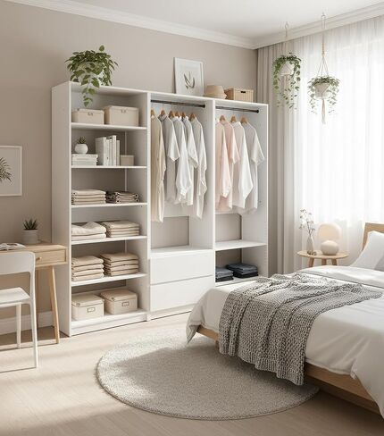 White Freestanding Walk-in Wood Closet System with Adjustable Shelves and Hanging Rods for Bedroom Organization in Kuwait
