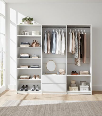 White Freestanding Walk-in Wood Closet System with Adjustable Shelves and Hanging Rods for Bedroom Organization in Kuwait
