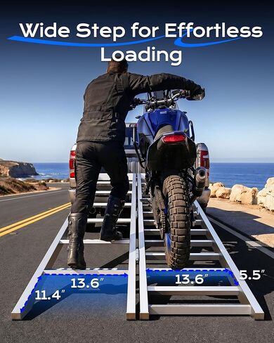 81" Aluminum Motorcycle Loading Ramp with Walking Steps, 32.5" Wide Heavy Duty Folding Ramp for Trucks & Trailers, 900 lbs Bike Capacity & 400 lbs Person Support, Portable Loading Equipment in Kuwait