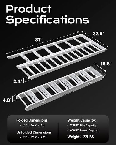 81" Aluminum Motorcycle Loading Ramp with Walking Steps, 32.5" Wide Heavy Duty Folding Ramp for Trucks & Trailers, 900 lbs Bike Capacity & 400 lbs Person Support, Portable Loading Equipment in Kuwait