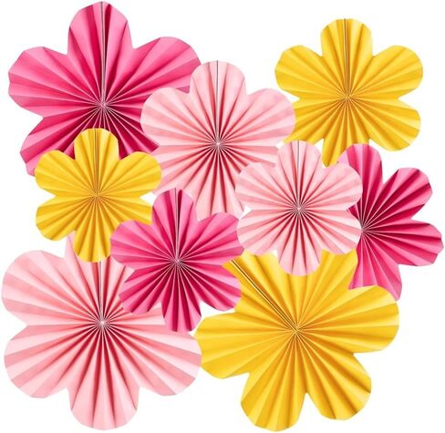 Flower Party Decorations, Pink Yellow Hanging Paper Fans, Pink Paper Flowers Decorations for Wall, Classroom Floral Backdrop Decor in Kuwait
