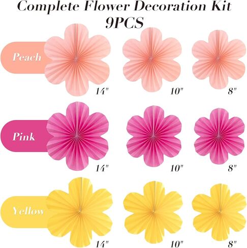 Flower Party Decorations, Pink Yellow Hanging Paper Fans, Pink Paper Flowers Decorations for Wall, Classroom Floral Backdrop Decor in Kuwait