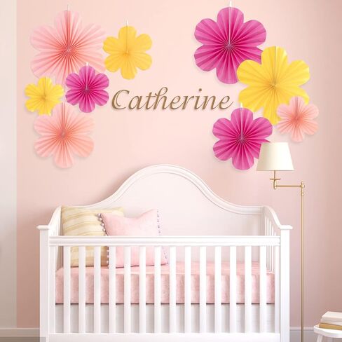 Flower Party Decorations, Pink Yellow Hanging Paper Fans, Pink Paper Flowers Decorations for Wall, Classroom Floral Backdrop Decor in Kuwait