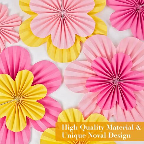 Flower Party Decorations, Pink Yellow Hanging Paper Fans, Pink Paper Flowers Decorations for Wall, Classroom Floral Backdrop Decor in Kuwait