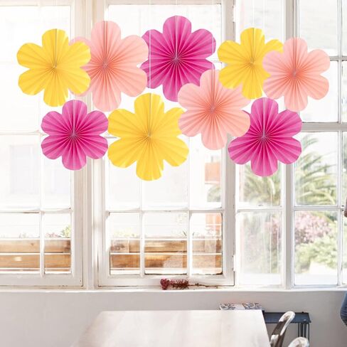 Flower Party Decorations, Pink Yellow Hanging Paper Fans, Pink Paper Flowers Decorations for Wall, Classroom Floral Backdrop Decor in Kuwait