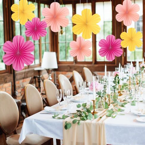 Flower Party Decorations, Pink Yellow Hanging Paper Fans, Pink Paper Flowers Decorations for Wall, Classroom Floral Backdrop Decor in Kuwait