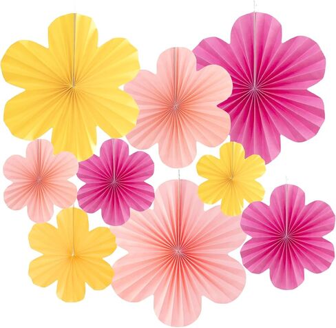 Flower Party Decorations, Pink Yellow Hanging Paper Fans, Pink Paper Flowers Decorations for Wall, Classroom Floral Backdrop Decor in Kuwait