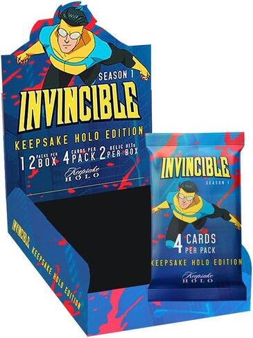 KEEEPSAKE Invincible Season 1 Holo Hobby Box: 12 حزمة، 4 بطاقات في كل حزمة، 2 آثار مضمونة، Chase Gold Holo Parallels، قائمة مرجعية مكونة من 600 بطاقة in Kuwait