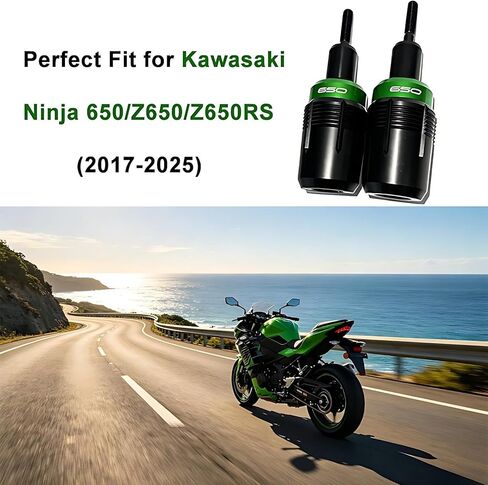 CNC Green Frame Sliders Crash Protectors for Kawasaki Ninja 650/Z650/Z650RS (2017-2025), Motorcycle Falling Protection No Cut Design with Full Hardware Kit in Kuwait