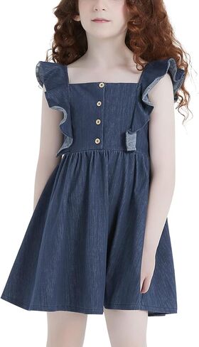 QPANCY Girls Denim Dress Ruffle Sleeve Square Neck Casual Dress in Saudi Arabia