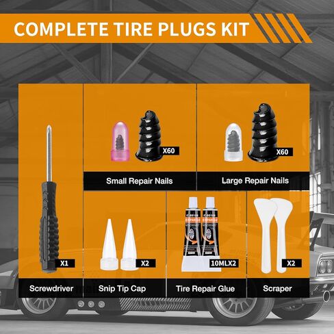 VISRIE 120 PCS Tire Screw Plugs Repair Kit, Tire Repair Screws with Tire Glue & Tool, Fast Self-Service Screw in Tire Plugs Kit for Tires, Car, Truck, Motorcycle, Tractor in Kuwait