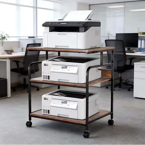 FAHKNS 3 Tier Printer Cart with Adjustable Storage Shelf, Large Printer Stand, 23.6 x18.9 x 29.5 inches Printer Stand for Home Office, Stands for Heat Press Scanner Fax, Industrial Style (Brown) in Kuwait