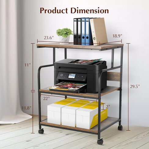 FAHKNS 3 Tier Printer Cart with Adjustable Storage Shelf, Large Printer Stand, 23.6 x18.9 x 29.5 inches Printer Stand for Home Office, Stands for Heat Press Scanner Fax, Industrial Style (Brown) in Kuwait