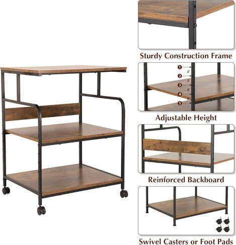 FAHKNS 3 Tier Printer Cart with Adjustable Storage Shelf, Large Printer Stand, 23.6 x18.9 x 29.5 inches Printer Stand for Home Office, Stands for Heat Press Scanner Fax, Industrial Style (Brown) in Kuwait