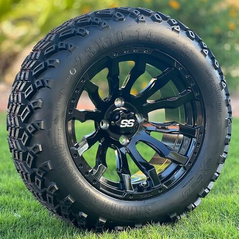 TREX 14" Maverick Gloss Black Golf Cart Wheels and 23x10-14" All Terrain DOT Tires Combo - Set of 4 (Metric Lugs 12mm x 1.25) in Kuwait