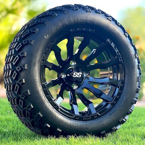 TREX 14" Maverick Gloss Black Golf Cart Wheels and 23x10-14" All Terrain DOT Tires Combo - Set of 4 (Metric Lugs 12mm x 1.25) in Kuwait