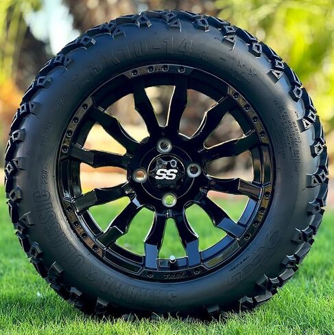TREX 14" Maverick Gloss Black Golf Cart Wheels and 23x10-14" All Terrain DOT Tires Combo - Set of 4 (Metric Lugs 12mm x 1.25) in Kuwait