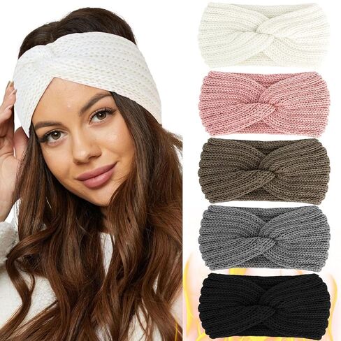 CIEHER 5 Pieces Knit Wide Winter Headbands for Women,Crochet Turban Headbands for Women, Stretch Knit Wide Headbands Winter Ear Warmer Thick Head Band,Head Warmer for Women Soft in Saudi Arabia
