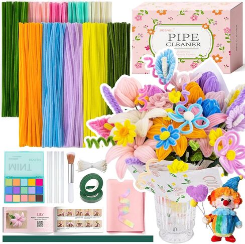 800 Pieces Pipe Cleaners Flowers Kit for DIY Flowers & Crafts,10 Colors Pipe Cleaner Making Kit with Instruction, Floral Wire for Art Projects Creative Gift-Family Fun, Teacher Appreciation Gifts in Kuwait