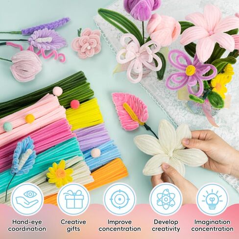 800 Pieces Pipe Cleaners Flowers Kit for DIY Flowers & Crafts,10 Colors Pipe Cleaner Making Kit with Instruction, Floral Wire for Art Projects Creative Gift-Family Fun, Teacher Appreciation Gifts in Kuwait