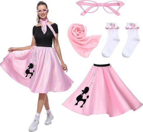 Leadtex Women Sock Hop Costume 1950s Poodle Skirt with Scarf,Glasses,Socks,Adult 4 Piece 50s Costume Set in Saudi Arabia