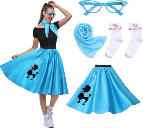 Leadtex Women Sock Hop Costume 1950s Poodle Skirt with Scarf,Glasses,Socks,Adult 4 Piece 50s Costume Set in Kuwait
