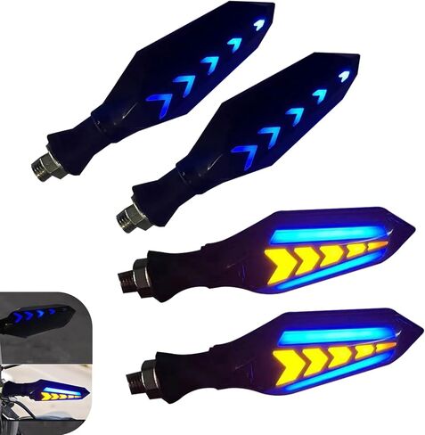 4 PCS Motorcycle Turn Indicator Lights, Arrow Shape Flowing Turn Signal LED with Daytime Running Lights, LED Double-sided Flowing Blinker, Cool Modified Accessories for Motocycle (Blue) in Kuwait