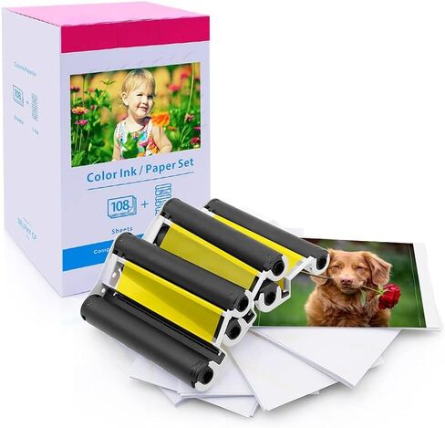 حبر وورق Canon Selphy CP1500 المتوافق KP-108IN KP108 3 خراطيش حبر ملونة و108 ورقة 4x6 ورق صور لامع Canon Selphy CP1500، CP1300، CP1200، CP1000 طابعات الصور المدمجة in Kuwait