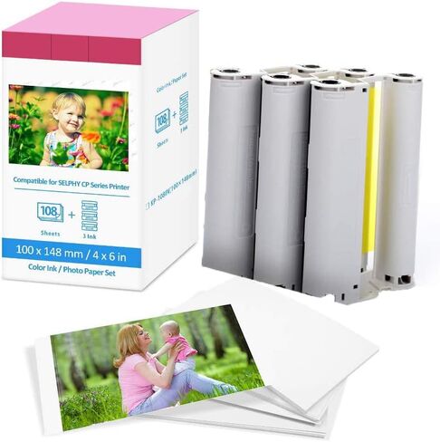 Compatible Canon Selphy CP1500 Ink and Paper KP-108IN KP108 3 Color Ink Cartridges and 108 Sheets 4x6 Photo Paper Glossy Canon Selphy CP1500, CP1300, CP1200, CP1000 Compact Photo Printers in Kuwait