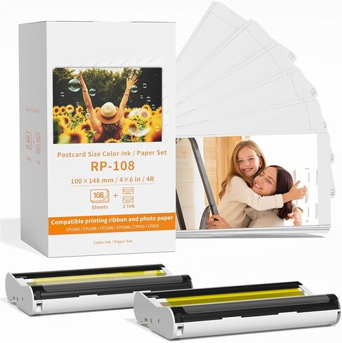Compatible Canon Selphy CP1500 Ink and Paper KP-108IN KP108 3 Color Ink Cartridges and 108 Sheets 4x6 Photo Paper Glossy Canon Selphy CP1500, CP1300, CP1200, CP1000 Compact Photo Printers in Kuwait