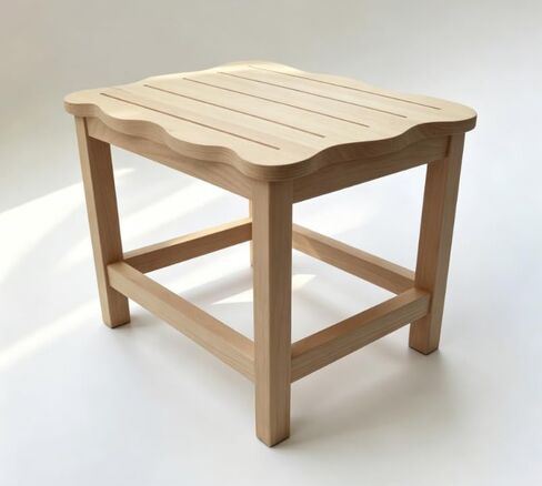 Wooden Step Stool Featuring Scalloped Edge Top, Raw Wood Finish, Slatted Surface in Kuwait