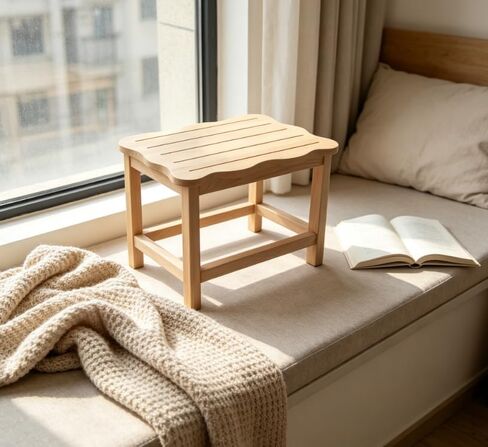 Wooden Step Stool Featuring Scalloped Edge Top, Raw Wood Finish, Slatted Surface in Kuwait