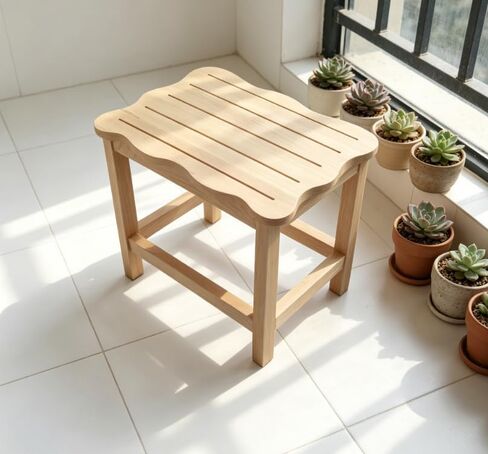 Wooden Step Stool Featuring Scalloped Edge Top, Raw Wood Finish, Slatted Surface in Kuwait