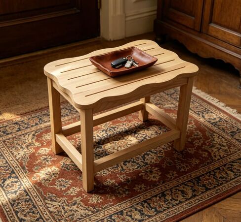 Wooden Step Stool Featuring Scalloped Edge Top, Raw Wood Finish, Slatted Surface in Kuwait