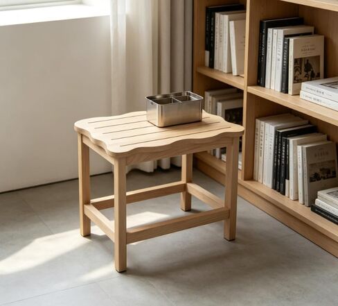 Wooden Step Stool Featuring Scalloped Edge Top, Raw Wood Finish, Slatted Surface in Kuwait