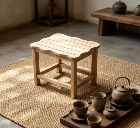 Wooden Step Stool Featuring Scalloped Edge Top, Raw Wood Finish, Slatted Surface in Kuwait