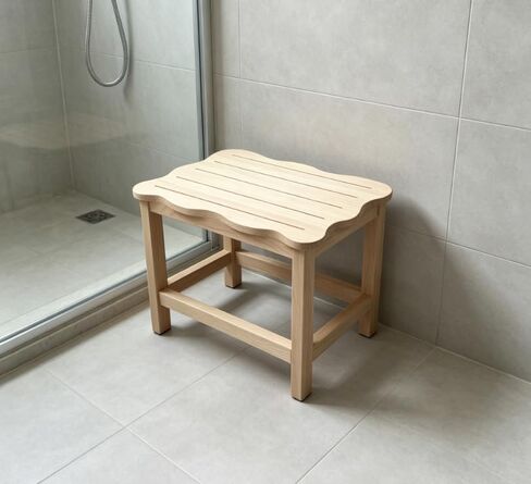 Wooden Step Stool Featuring Scalloped Edge Top, Raw Wood Finish, Slatted Surface in Kuwait
