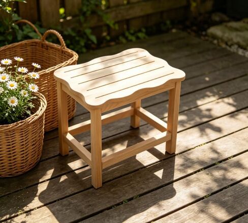 Wooden Step Stool Featuring Scalloped Edge Top, Raw Wood Finish, Slatted Surface in Kuwait