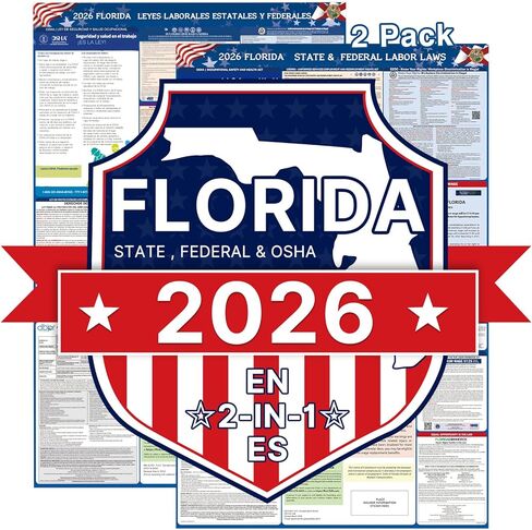 PUNCHMAN 2pcs 2026 Florida State & Federal Workplace Labor Poster - Bilingual English/Spanish 2 Version Guidelines Posting for Workplace, Durable Laminated, Includes 2026 Minimum Wage Info in Kuwait