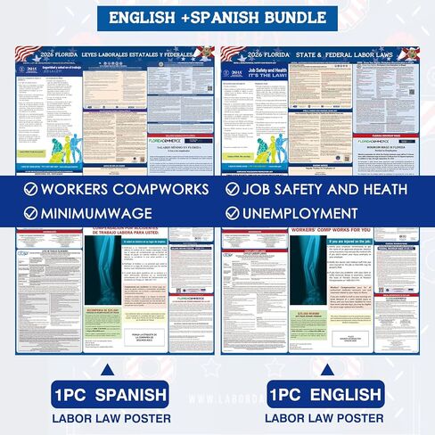 PUNCHMAN 2pcs 2026 Florida State & Federal Workplace Labor Poster - Bilingual English/Spanish 2 Version Guidelines Posting for Workplace, Durable Laminated, Includes 2026 Minimum Wage Info in Kuwait