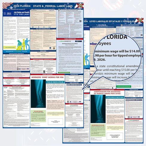 PUNCHMAN 2pcs 2026 Florida State & Federal Workplace Labor Poster - Bilingual English/Spanish 2 Version Guidelines Posting for Workplace, Durable Laminated, Includes 2026 Minimum Wage Info in Kuwait